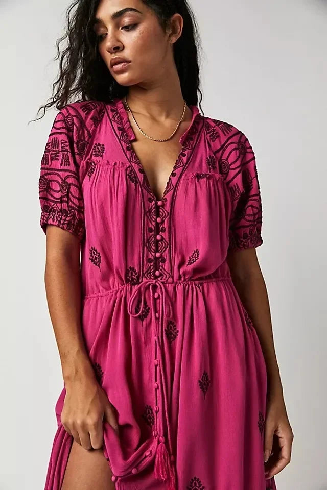 Button Down Embroidery Short Sleeve Chic Boho Dress