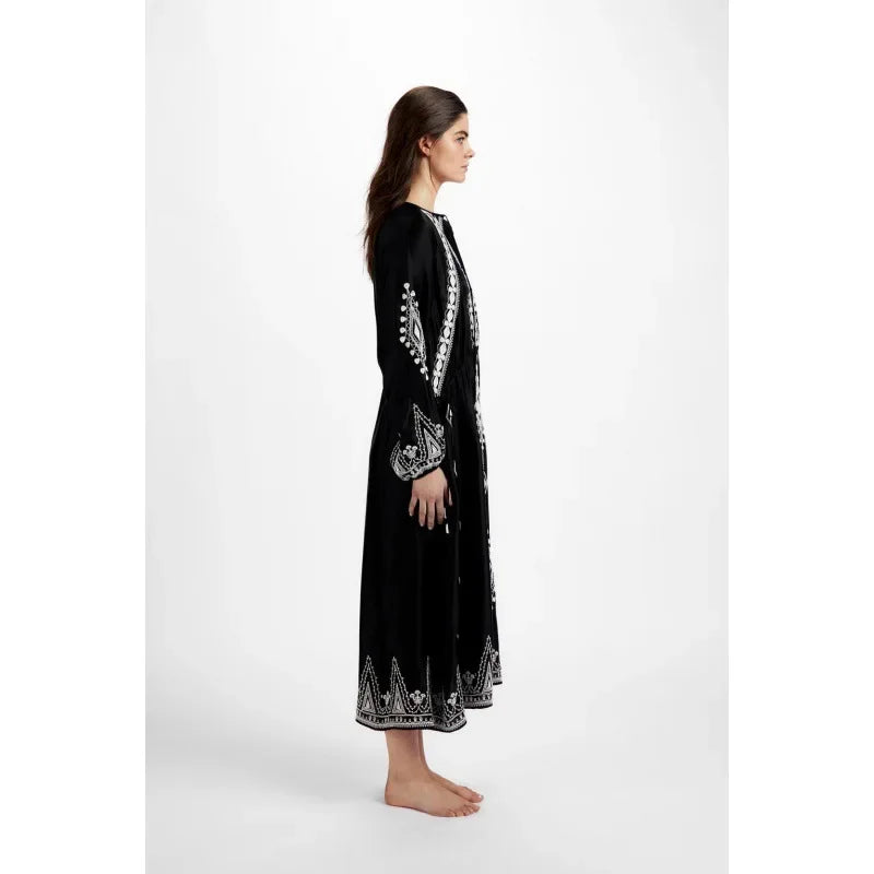 V-neck Lantern Sleeve Free Style Cotton Boho Dress