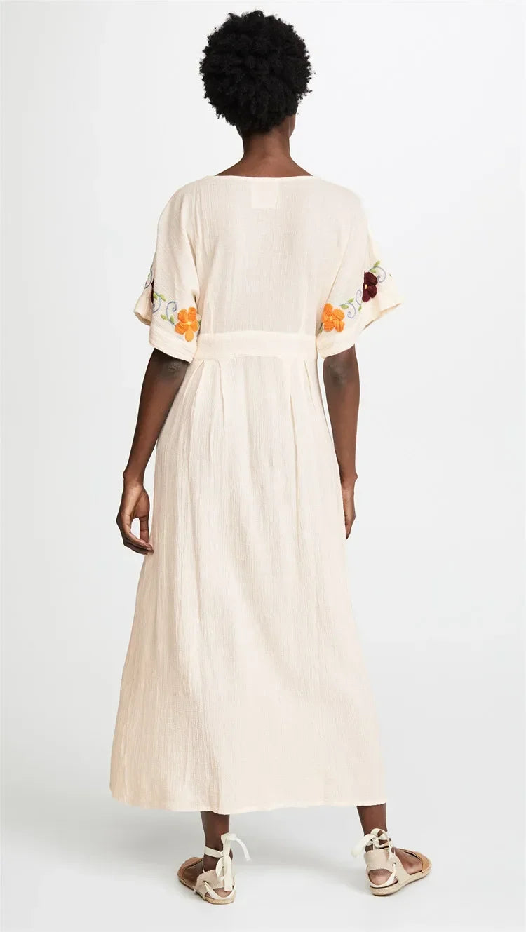 Romantic Floral Embroidery White Cotton Boho Dress