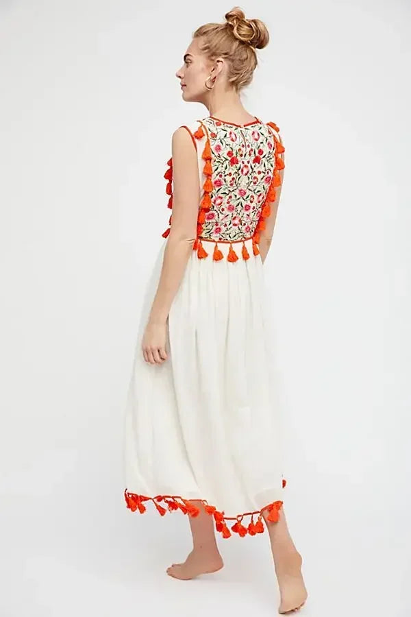 Floral Embroidery Sleeveless Tassel Cotton Boho Dress