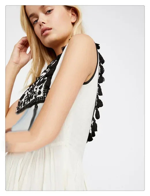 Floral Embroidery Sleeveless Tassel Cotton Boho Dress