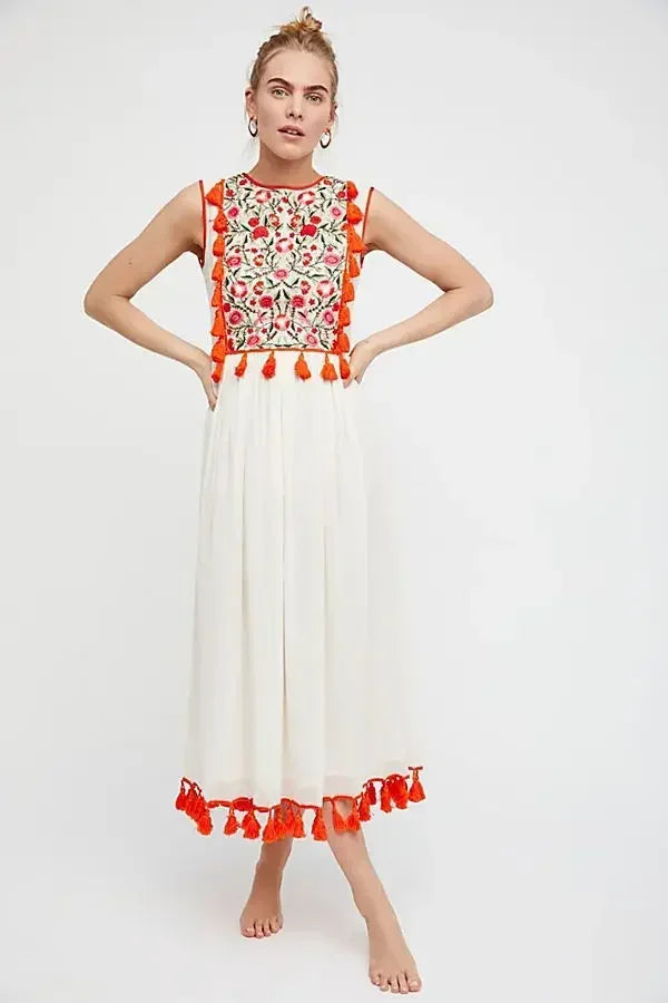 Floral Embroidery Sleeveless Tassel Cotton Boho Dress