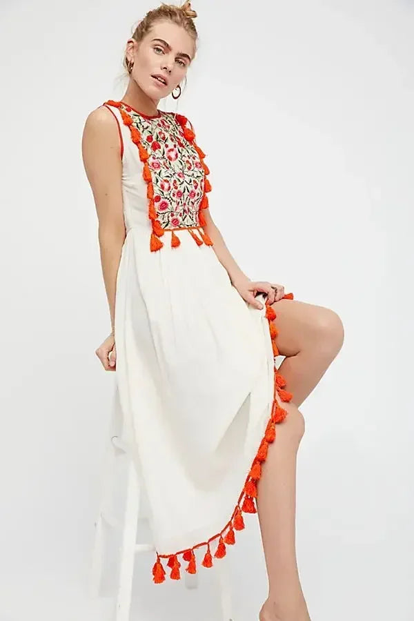 Floral Embroidery Sleeveless Tassel Cotton Boho Dress
