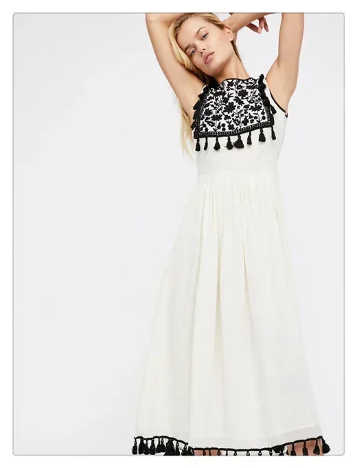 Floral Embroidery Sleeveless Tassel Cotton Boho Dress