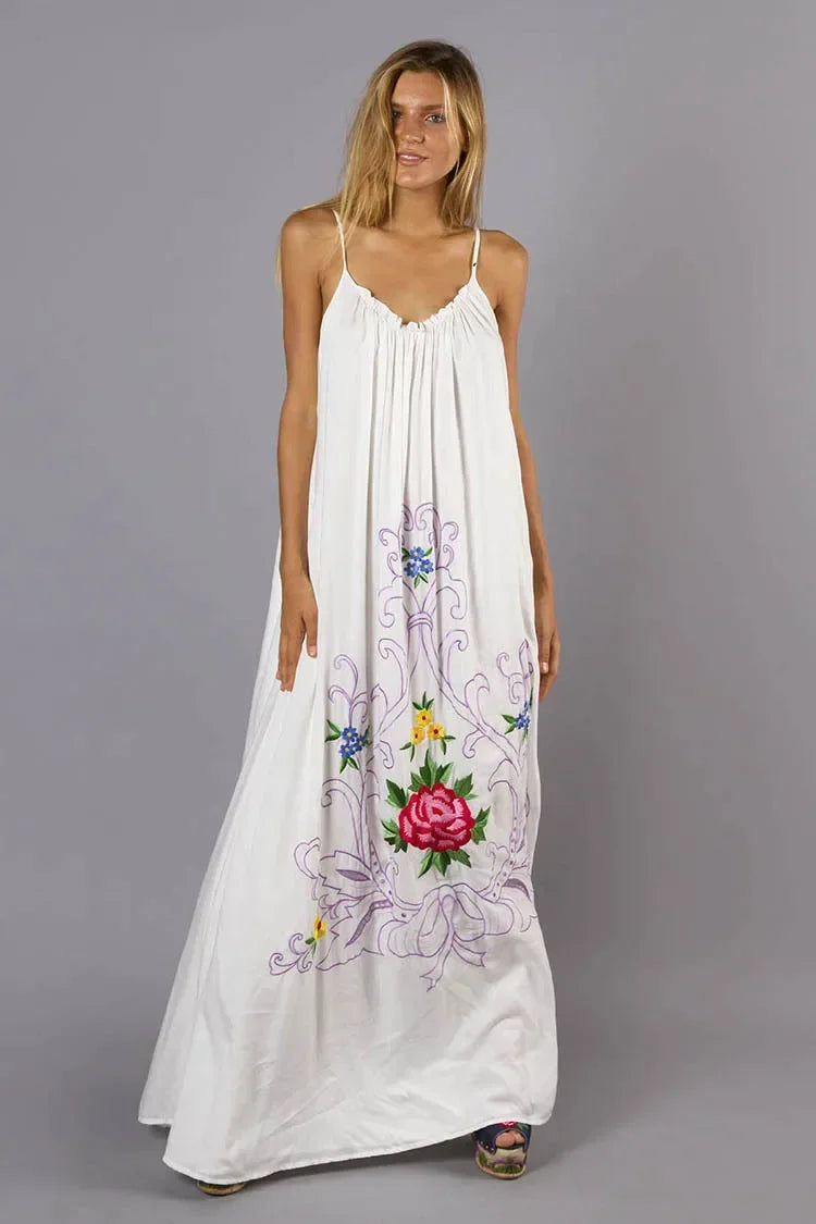 Floral Embroidery Backless Strapless Cotton Boho Dress