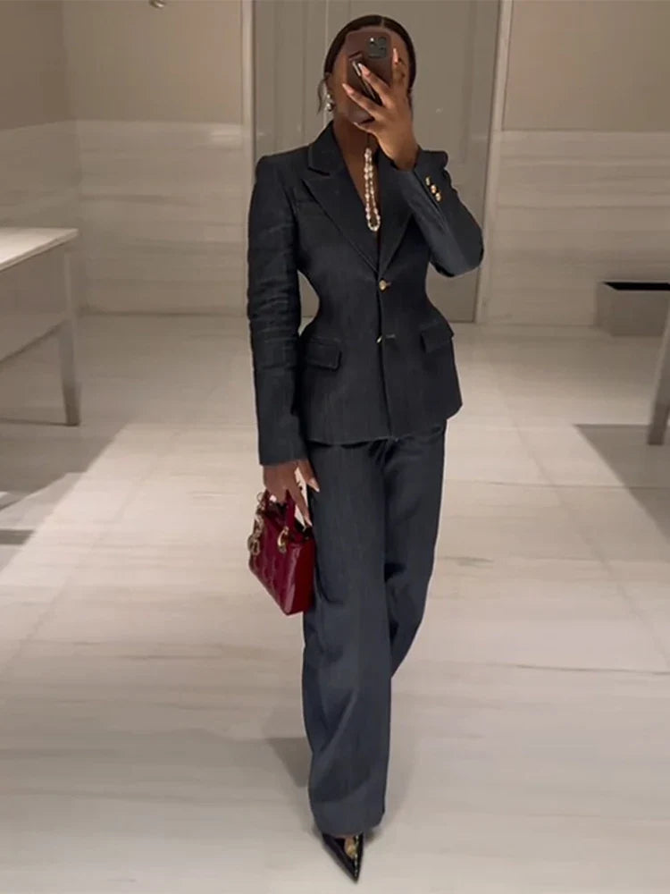 Denim Jacket High Waist Jeans Office Two Piece Set