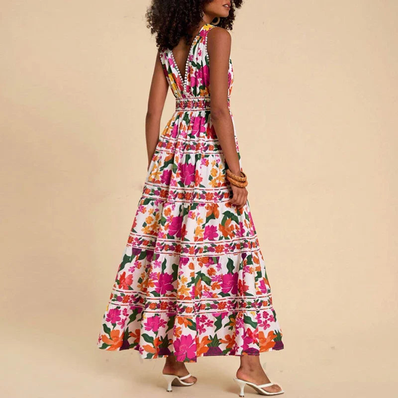 Floral Print High Waist Bohemian Beach Dress