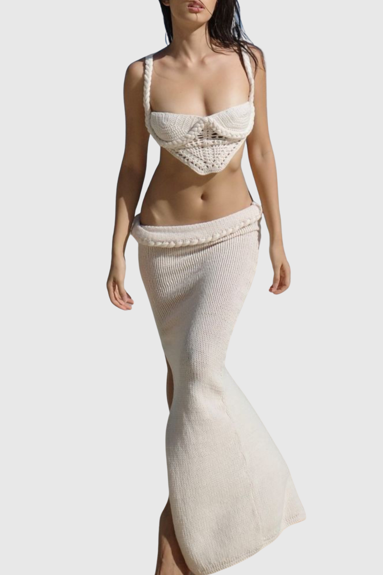 Chaylee Crochet Rope Corset Two Piece Set - Beige