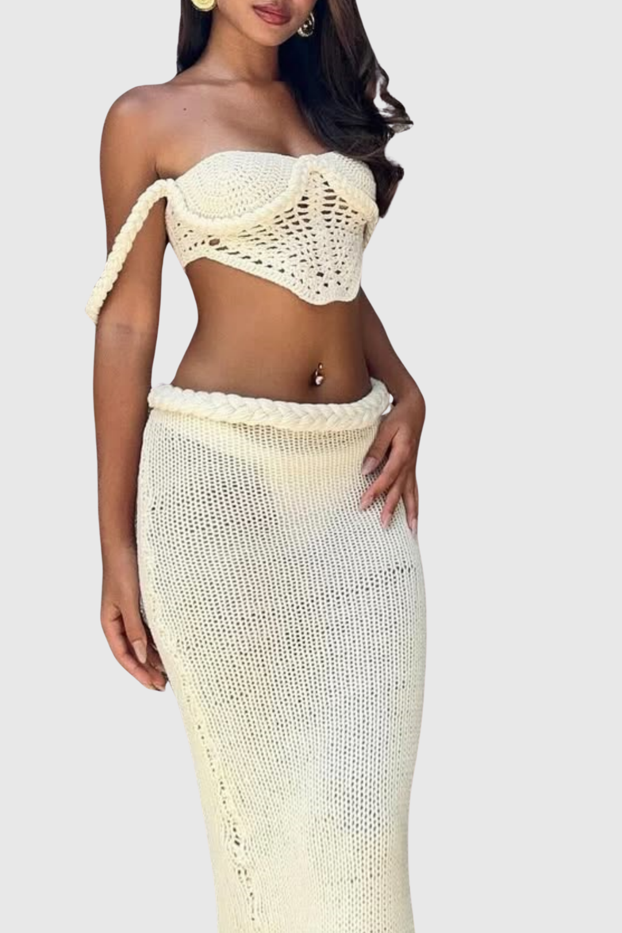 Chaylee Crochet Rope Corset Two Piece Set - Beige