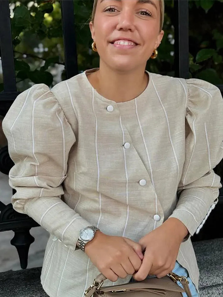 Bubble Sleeve Slanted Button Stripe Blouse