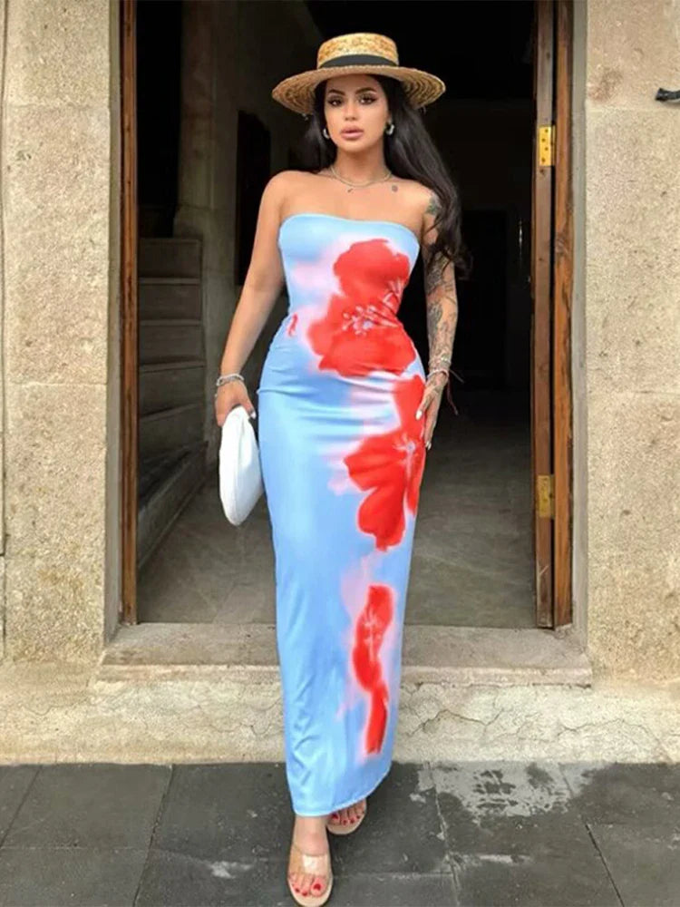 Chic Floral Strapless Midi Split Backless Dress