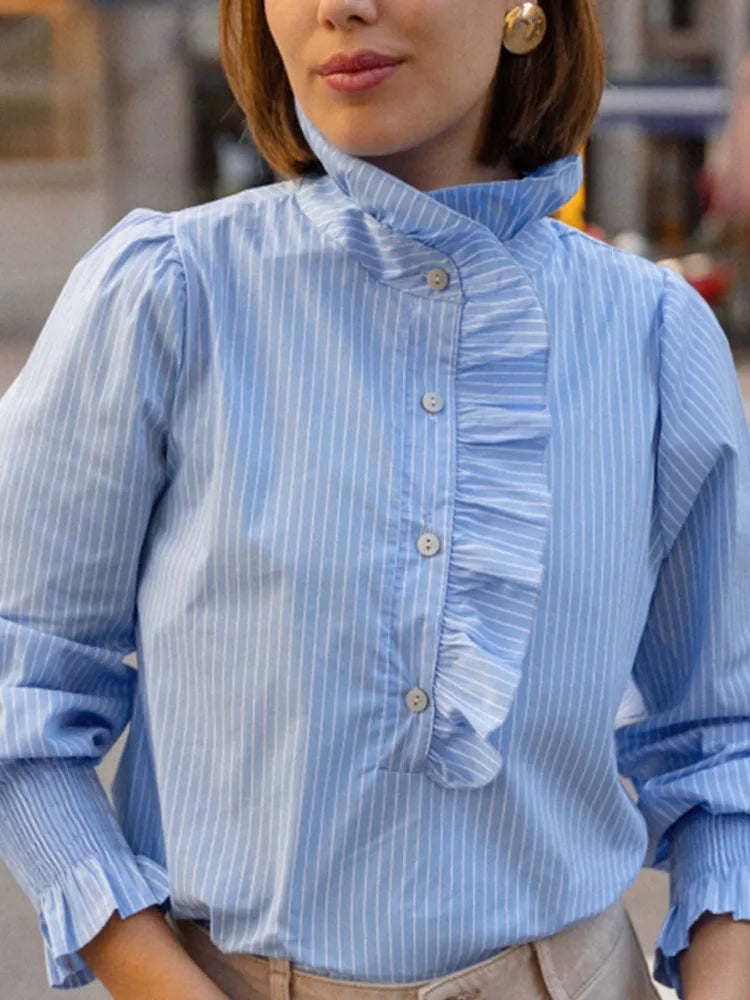Pink Stripe Stand Collar Ruffled Blouse