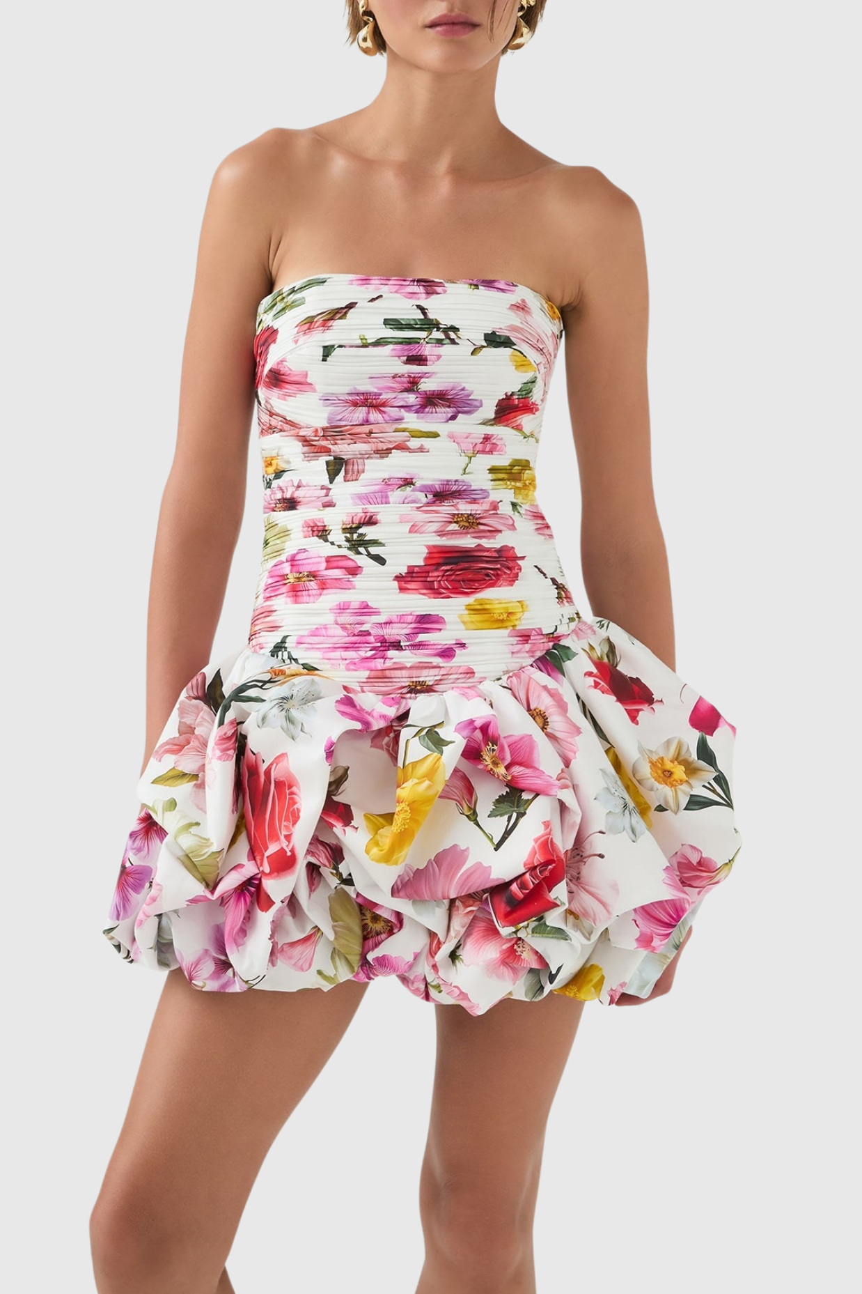 Coleka Floral Print Strapless Ruched Mini Dress - Floral pink