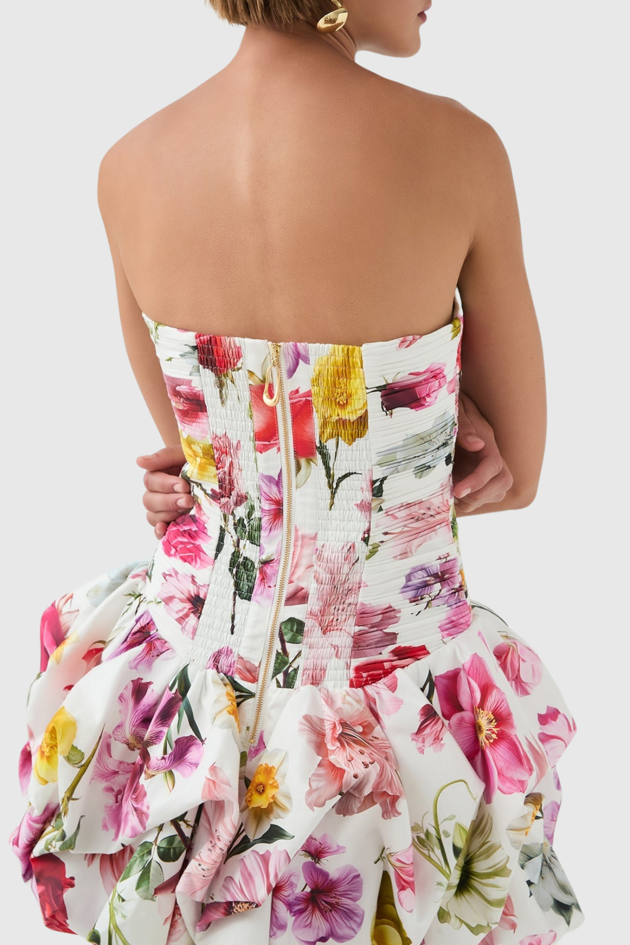 Coleka Floral Print Strapless Ruched Mini Dress - Floral pink
