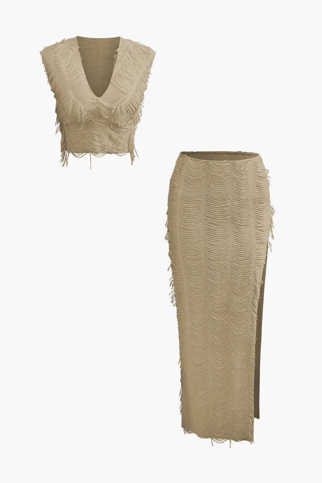 Conica Brown V-neck Cap Sleeve Crop Top And Slit Maxi Skirt Set