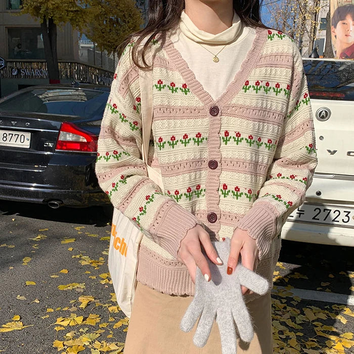 Floral Striped Textured Button Front Cardigan