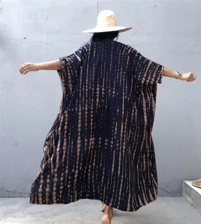 Cotton Rayon Tie-Dye Stripes Boho Kimono Cover up