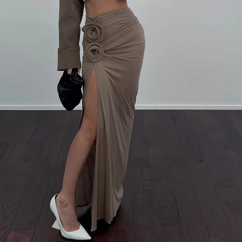 Ruched Split Floral Applique Maxi Skirt