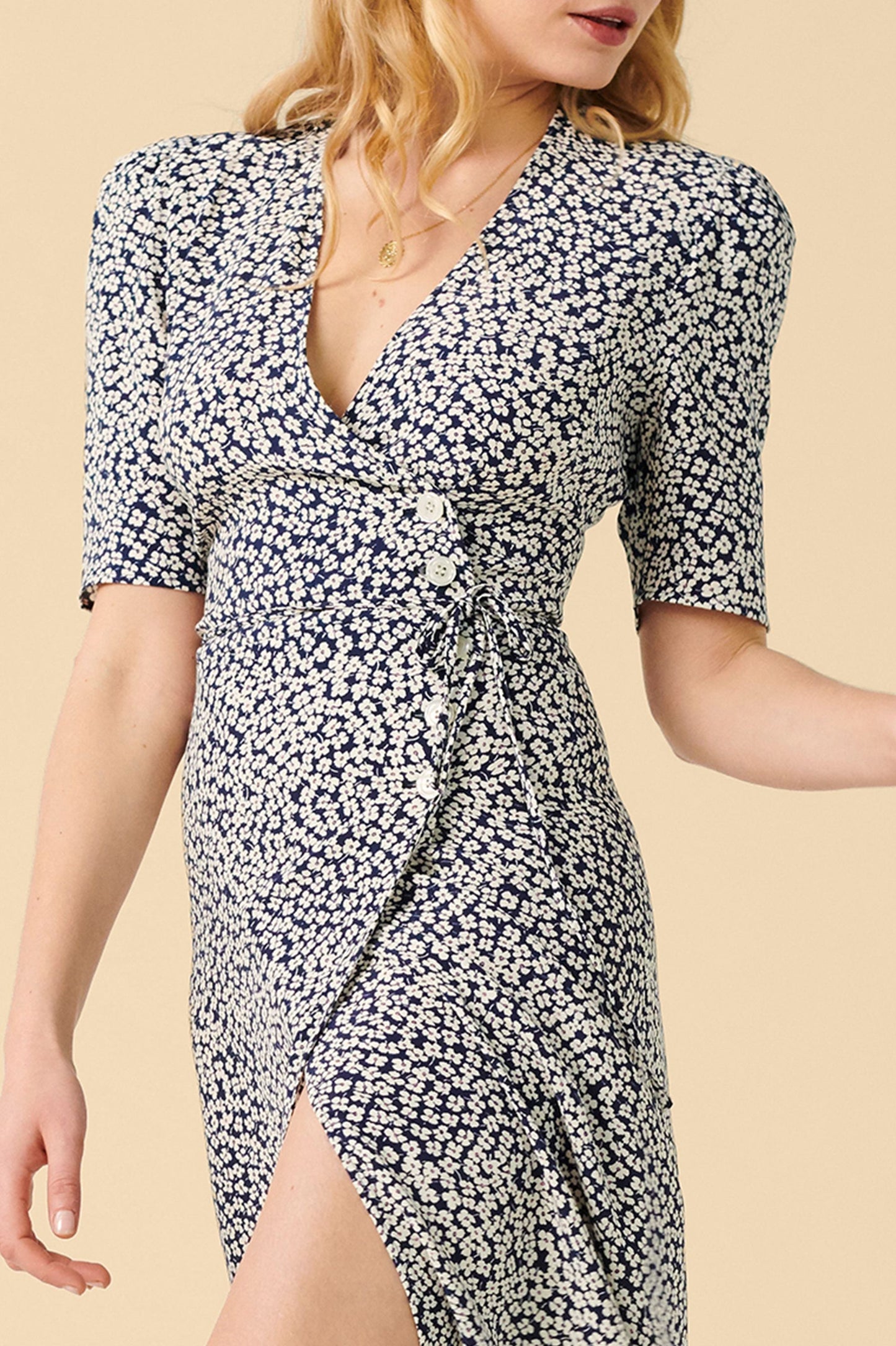 Floral Mid Sleeve V-Neck Midi Dress