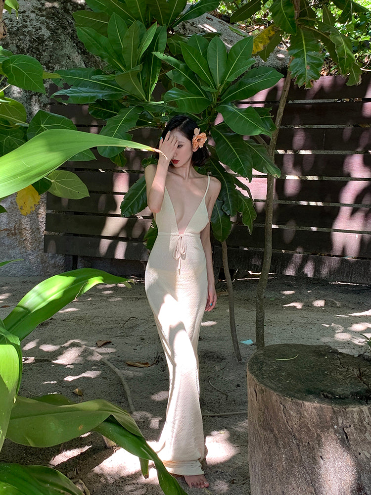 Deep V Tie-Back Knit Maxi Dress