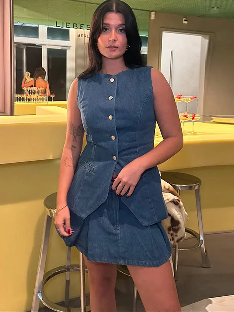 Denim Solid Button Sleeveless Office Two Piece Set