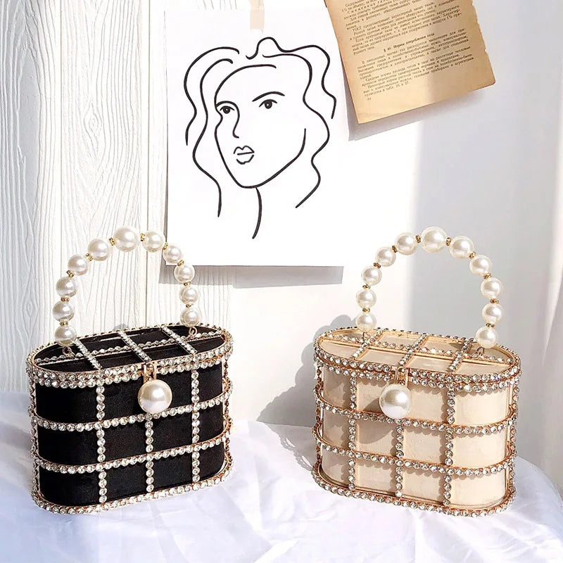 Diamonds Basket Clutch Luxury Pearl Beaded Wedding Party Evening Bag