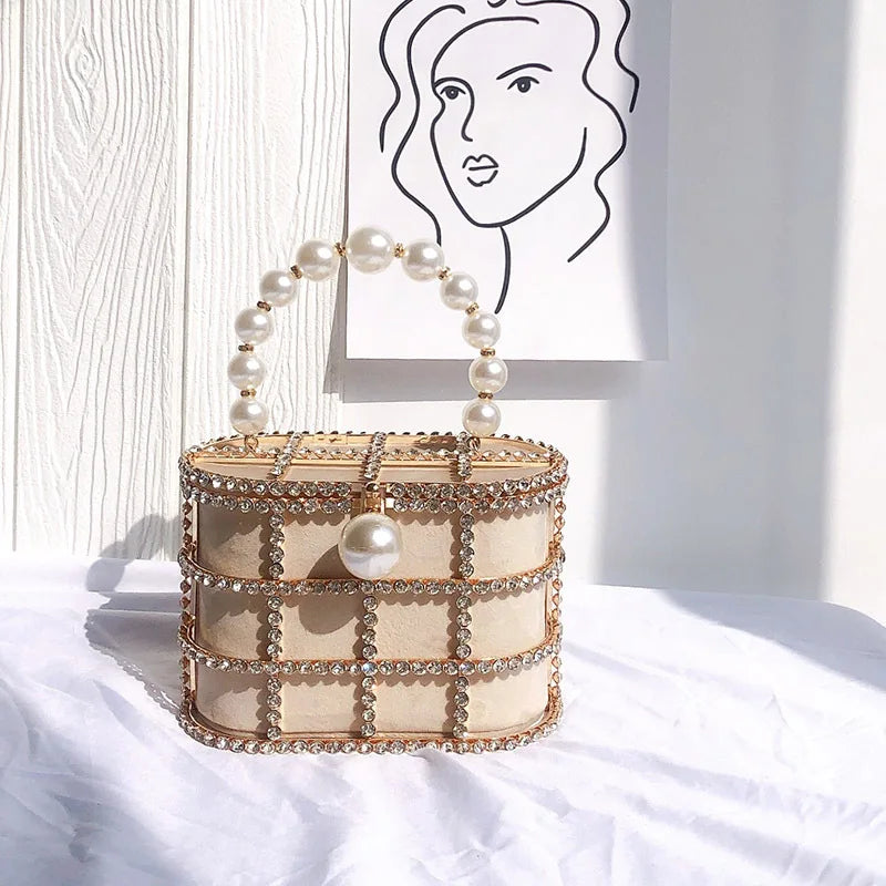 Diamonds Basket Clutch Luxury Pearl Beaded Wedding Party Evening Bag