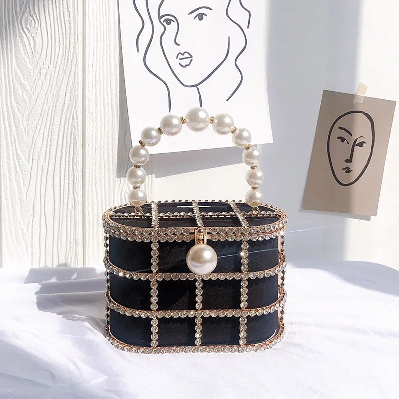 Diamonds Basket Clutch Luxury Pearl Beaded Wedding Party Evening Bag