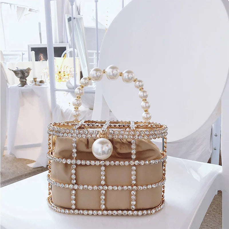 Diamonds Basket Clutch Luxury Pearl Beaded Wedding Party Evening Bag