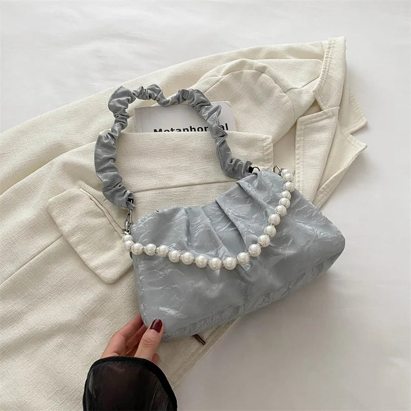 French Beaded Chain Pleated Underarm Crossbody Handbag