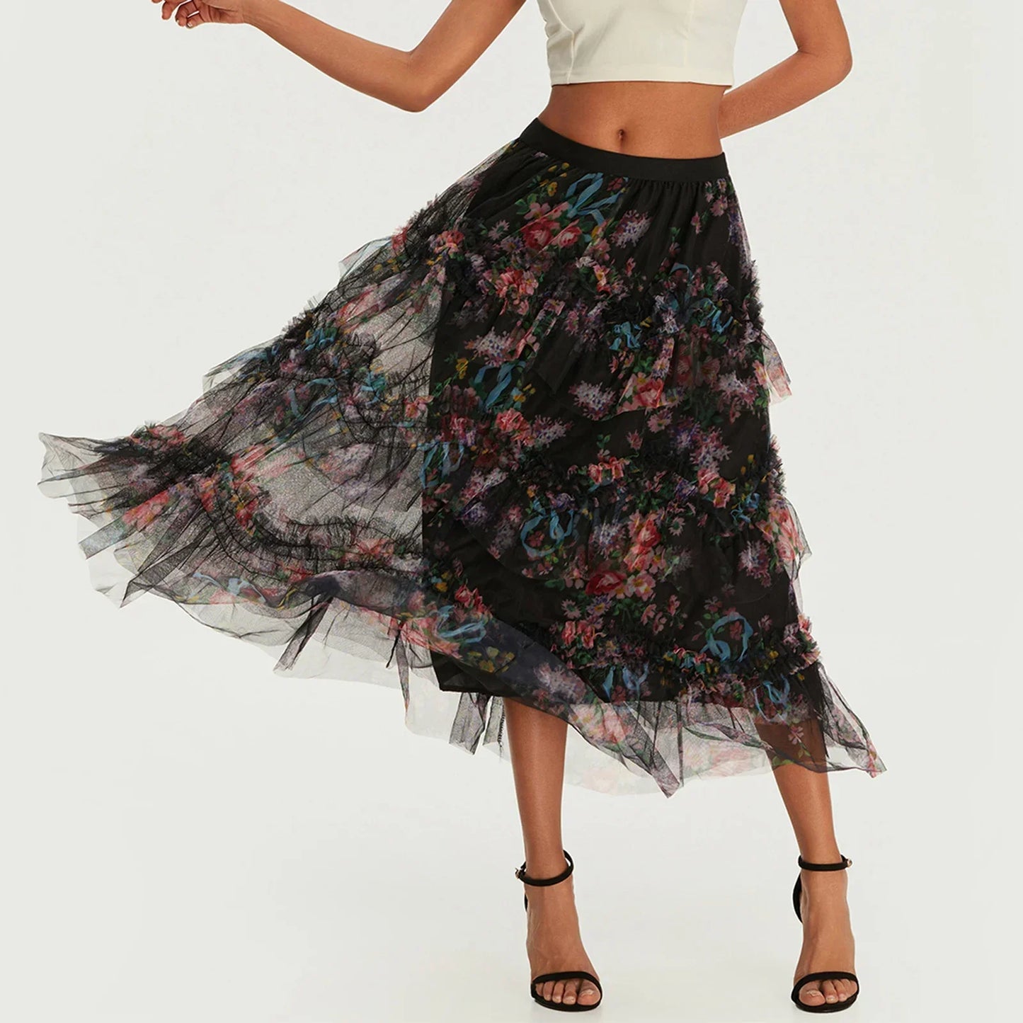 Early Fall Floral Print Ruffle Mesh Skirt Women A-line Midi