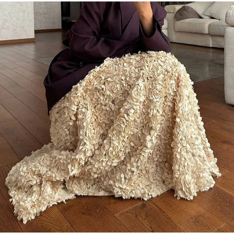 Elegant 3D Flower Solid A-Line Elastic High Waist Skirt