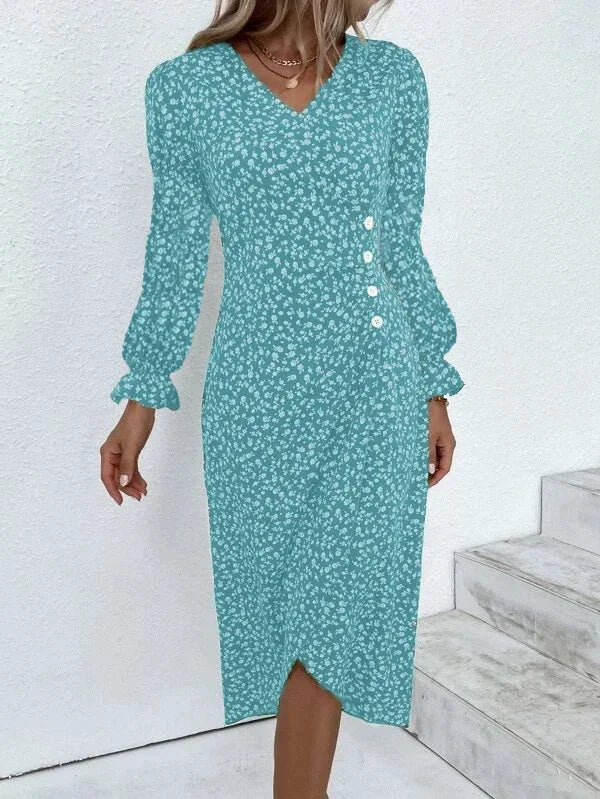 Elegant Floral Midi Puff Sleeve Ruched Waist Floral Dress
