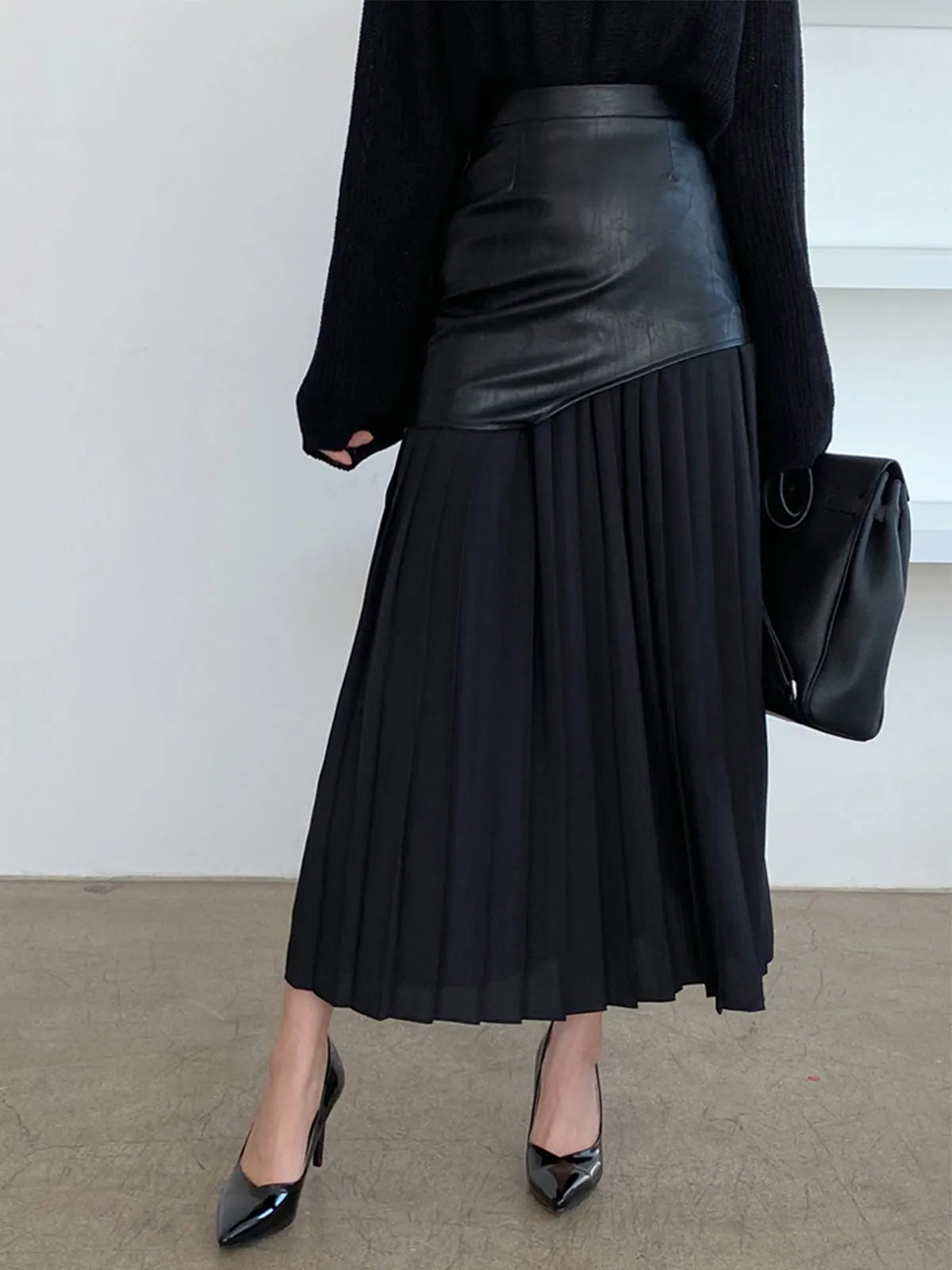 Elora White Asymmetric Patchwork Faux Leather Chiffon Pleated Midi Skirt