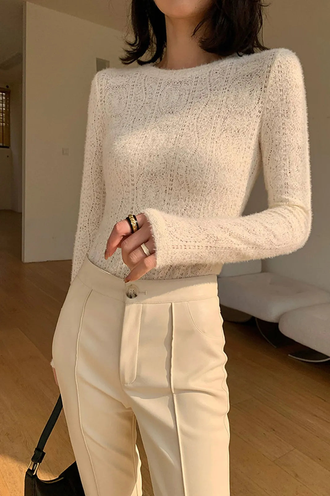 Elysande Floral Hollow Knit Long Sleeve Top