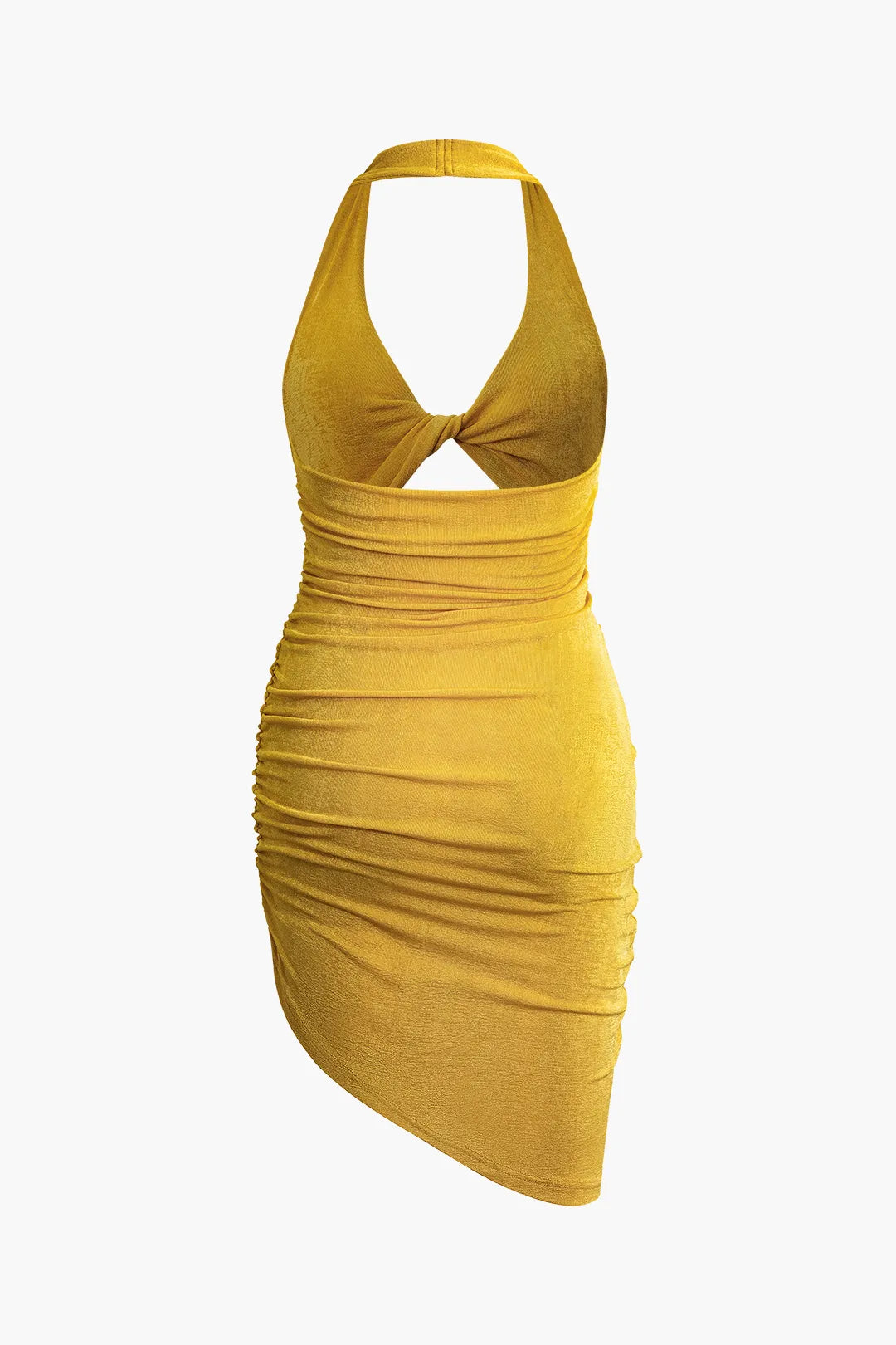 Eren Solid Yellow Twist Halter Cut Out Backless V-neck Midi Dress