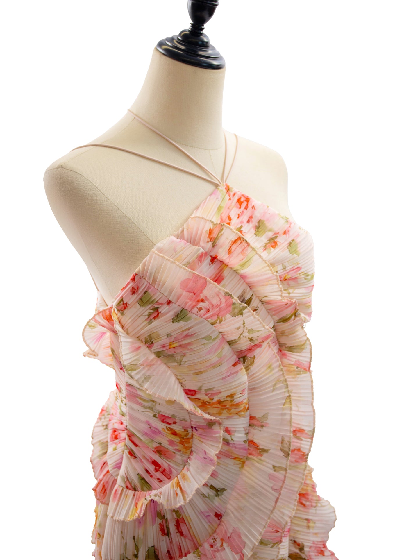 Date Night Dresses Maxi Asymmetrical Pleated Ruffles Sleeveless Floral Print Halter Elegant Dress