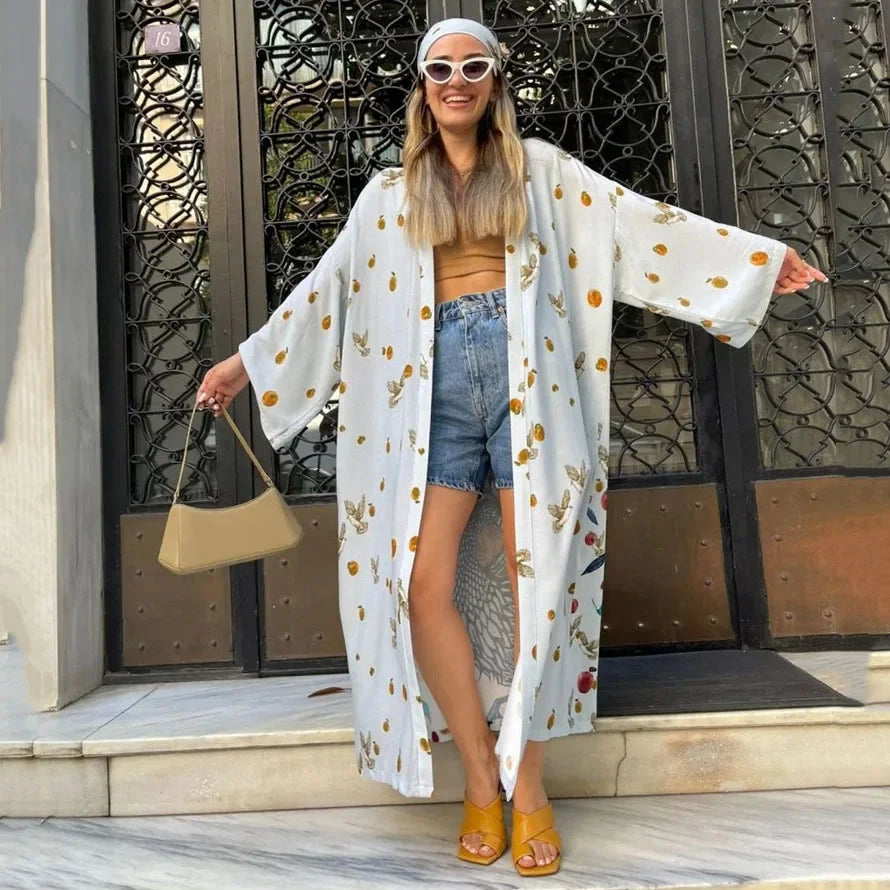 Ethnic Floral Long Sleeve Boho Kaftan Cover up