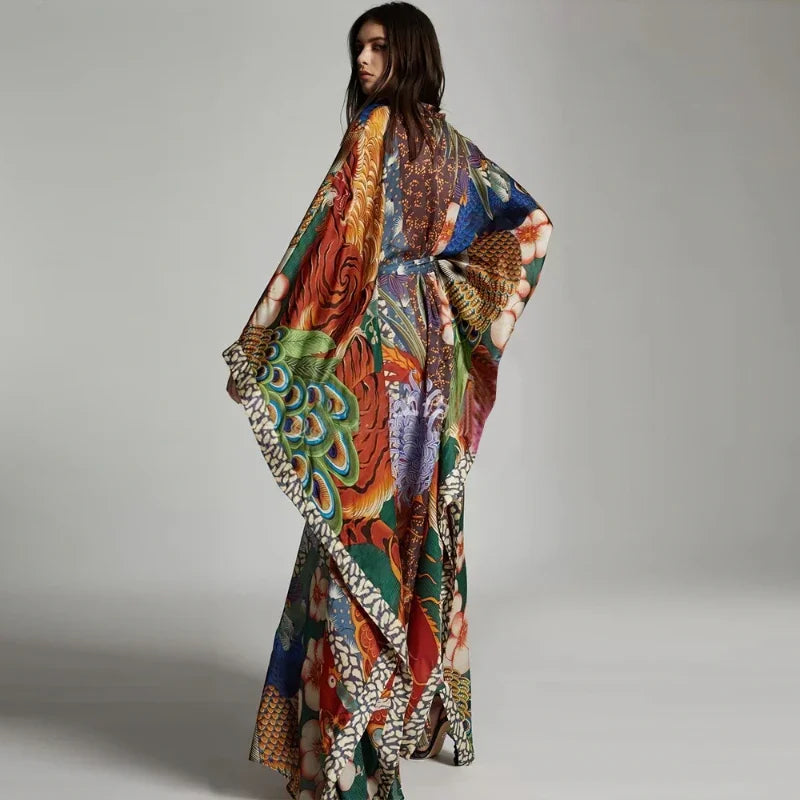 Chiffon Ethnic Peacock Pattern Long Cardigan Boho Cover up