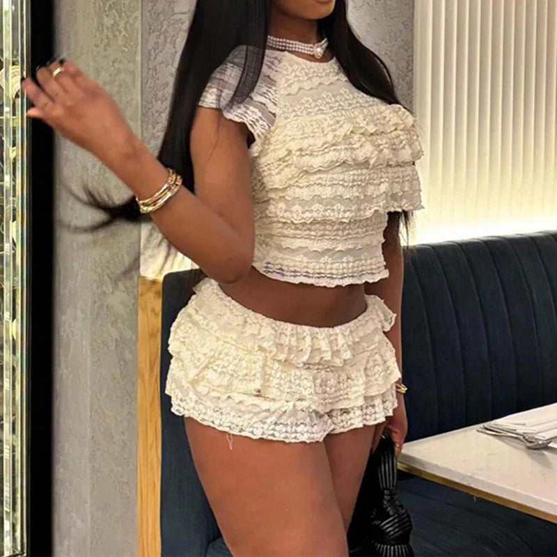 Fairy Coquette Outfits Lace Layered Ruffles Tank Tops + Mini Cake Shorts 2000s Retro Kawaii 2 Piece Set Y2K Aesthetic Crop Tops