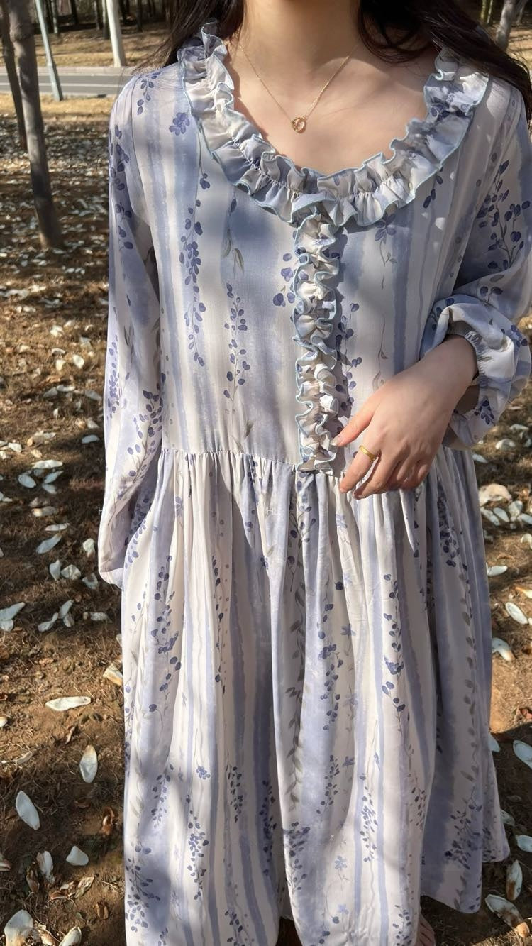 Fairy Mood Korean-Inspired Cotton Long Dress Comfy Soft Girl Style Gown