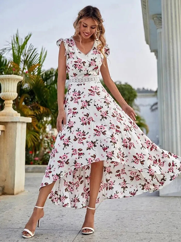 Casual Floral Lace Collar Irregular Waist Dress