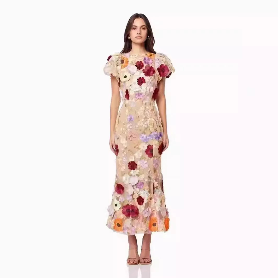 Embroidered Flower Print Puff Sleeve Party Dress