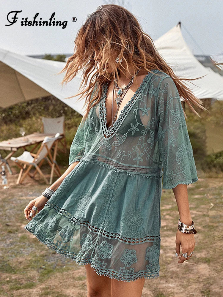 Fitshinling V-neck Sheer Lace Boho Cover-up