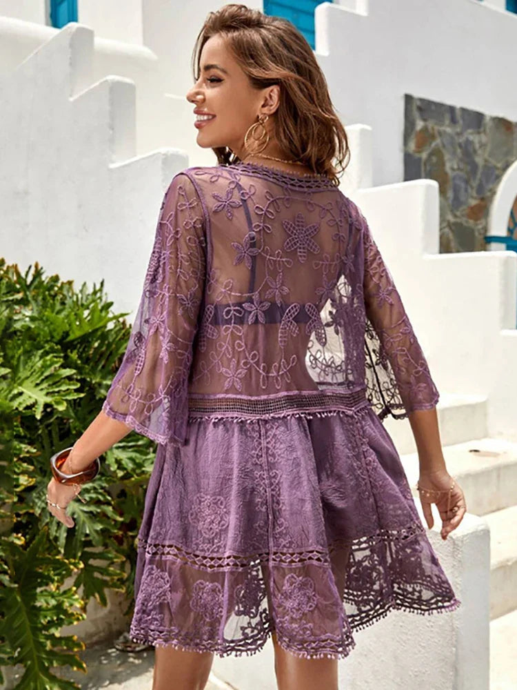 Fitshinling V-neck Sheer Lace Boho Cover-up