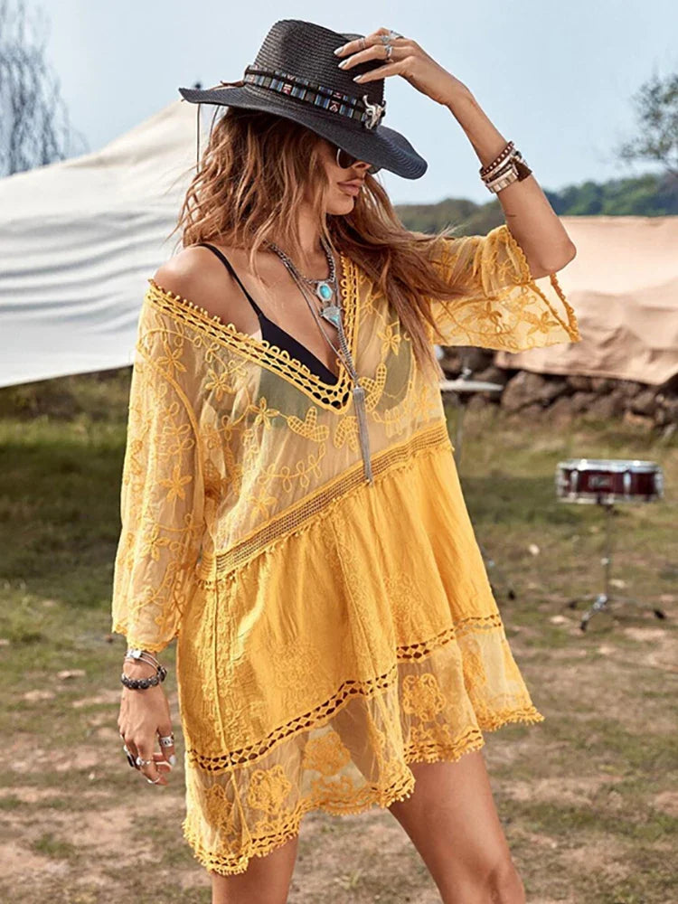 Fitshinling V-neck Sheer Lace Boho Cover-up