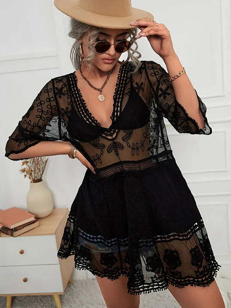 Fitshinling V-neck Sheer Lace Boho Cover-up