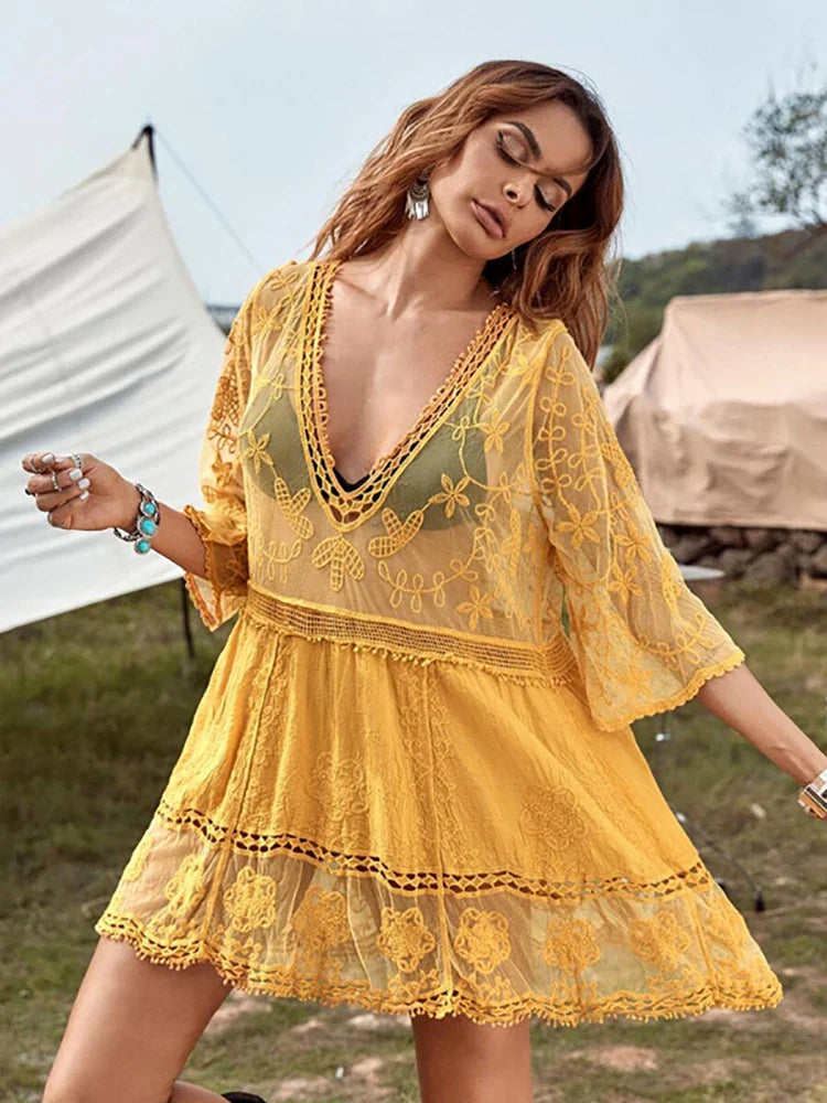 Fitshinling V-neck Sheer Lace Boho Cover-up