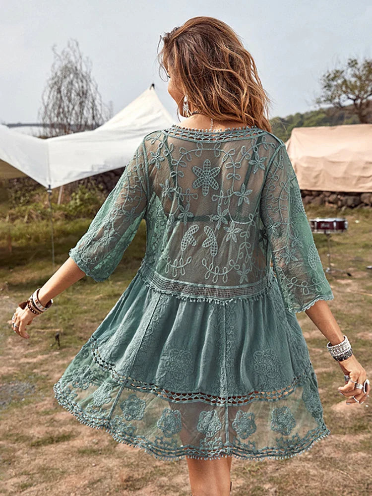 Fitshinling V-neck Sheer Lace Boho Cover-up