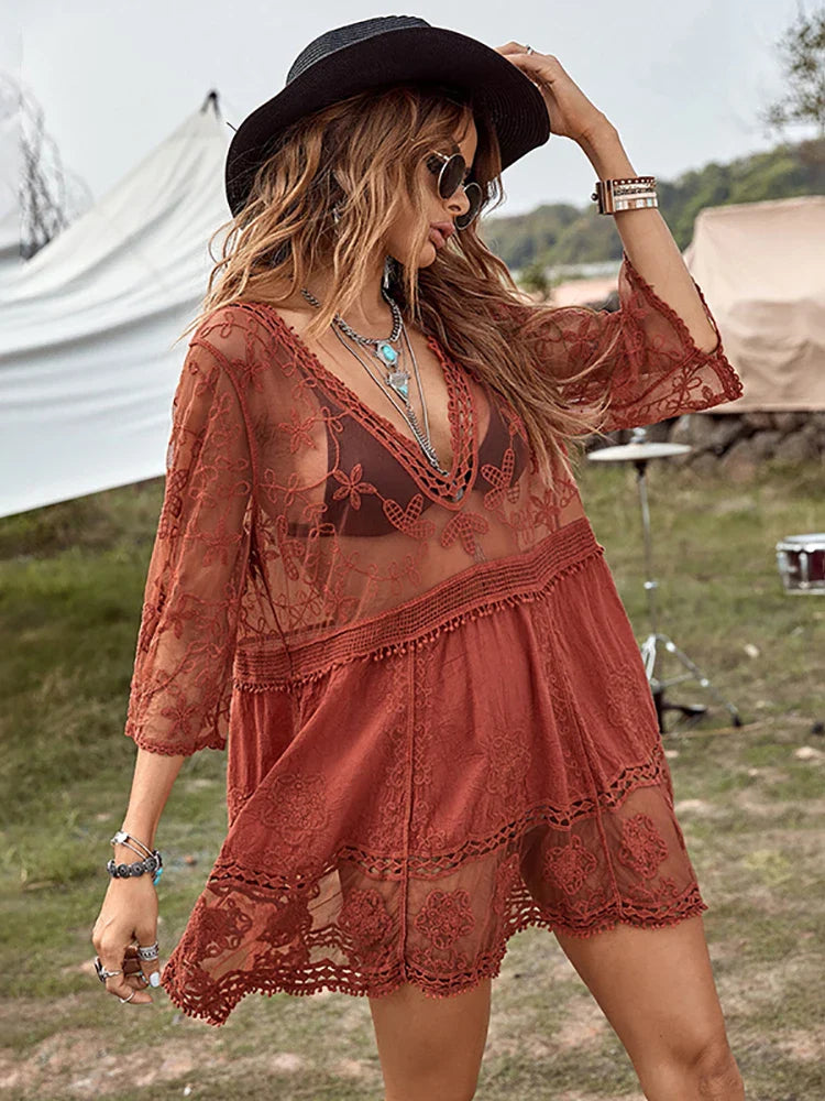 Fitshinling V-neck Sheer Lace Boho Cover-up